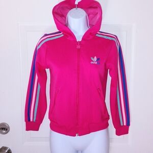 Vintage Adidas Bright Pink Jacket Hoodie with Striped Satin Sleeves